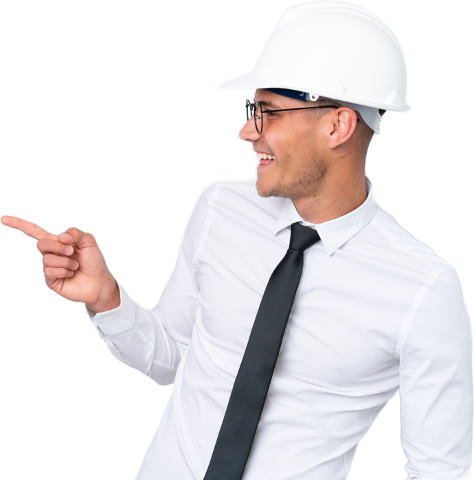 Architect in a white hard hat pointing to the range