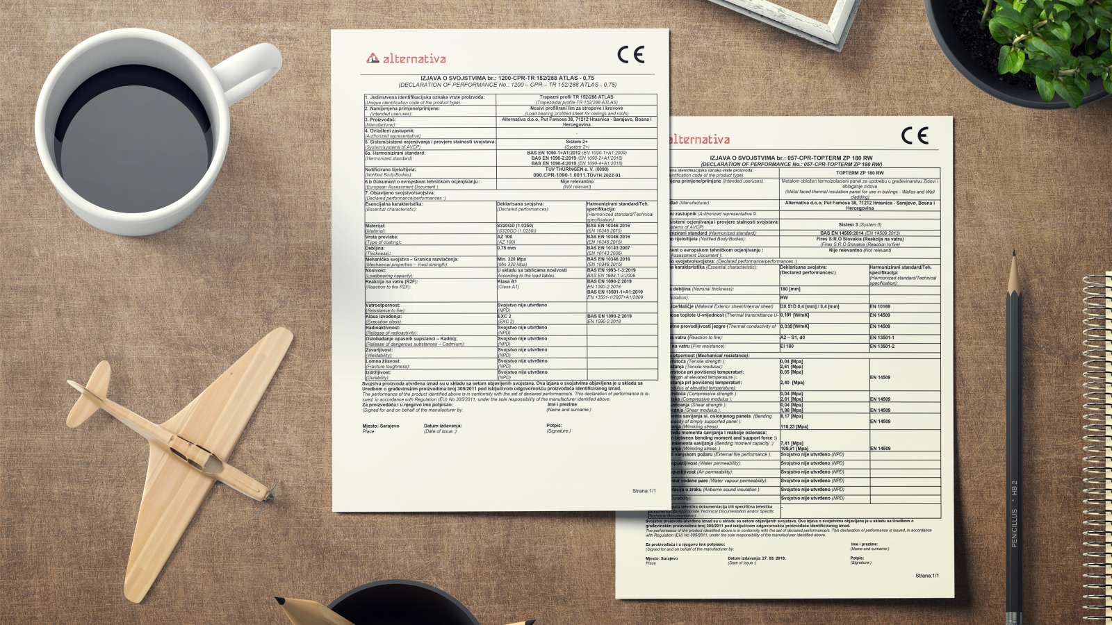 Declarations of Performance with the CE marking for a panel and a trapezoidal sheet