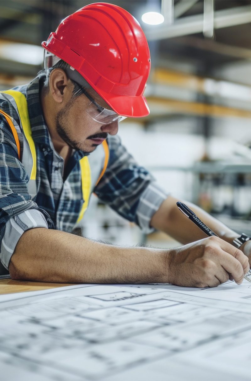 Ein Ingenieur von Alternativa über einer Zeichnung