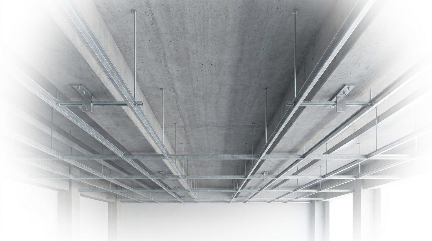 Hall without ceiling cladding