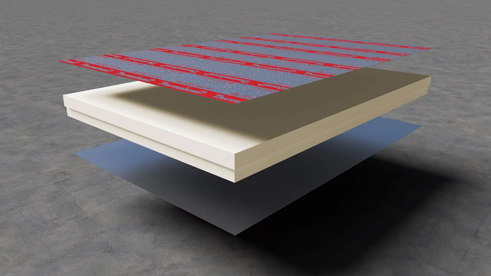 The build of a Thermoboard board — aluminium foil, PIR core, aluminium foil